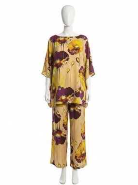 Abstract Floral Purple Yellow Cream Flowy Women’s Pant Set - Size 1XL